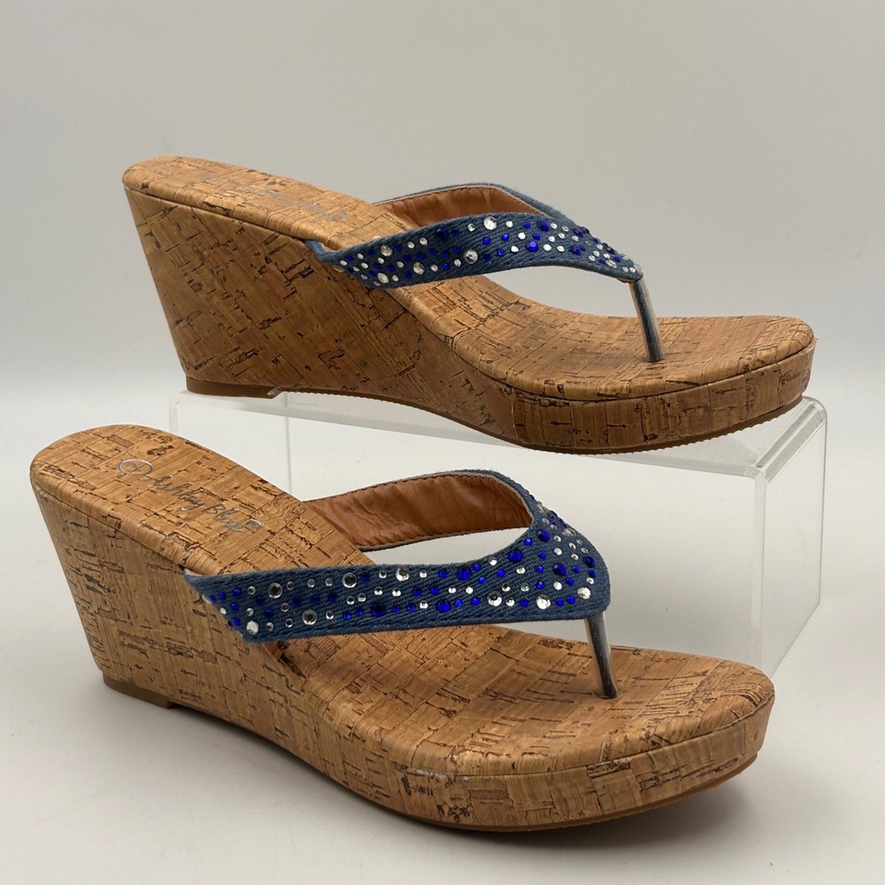 Ashley Blue‎ Wedge Sandals Womens 7 Blue Denim Rhinestone Cork Platform Y2K Boho
